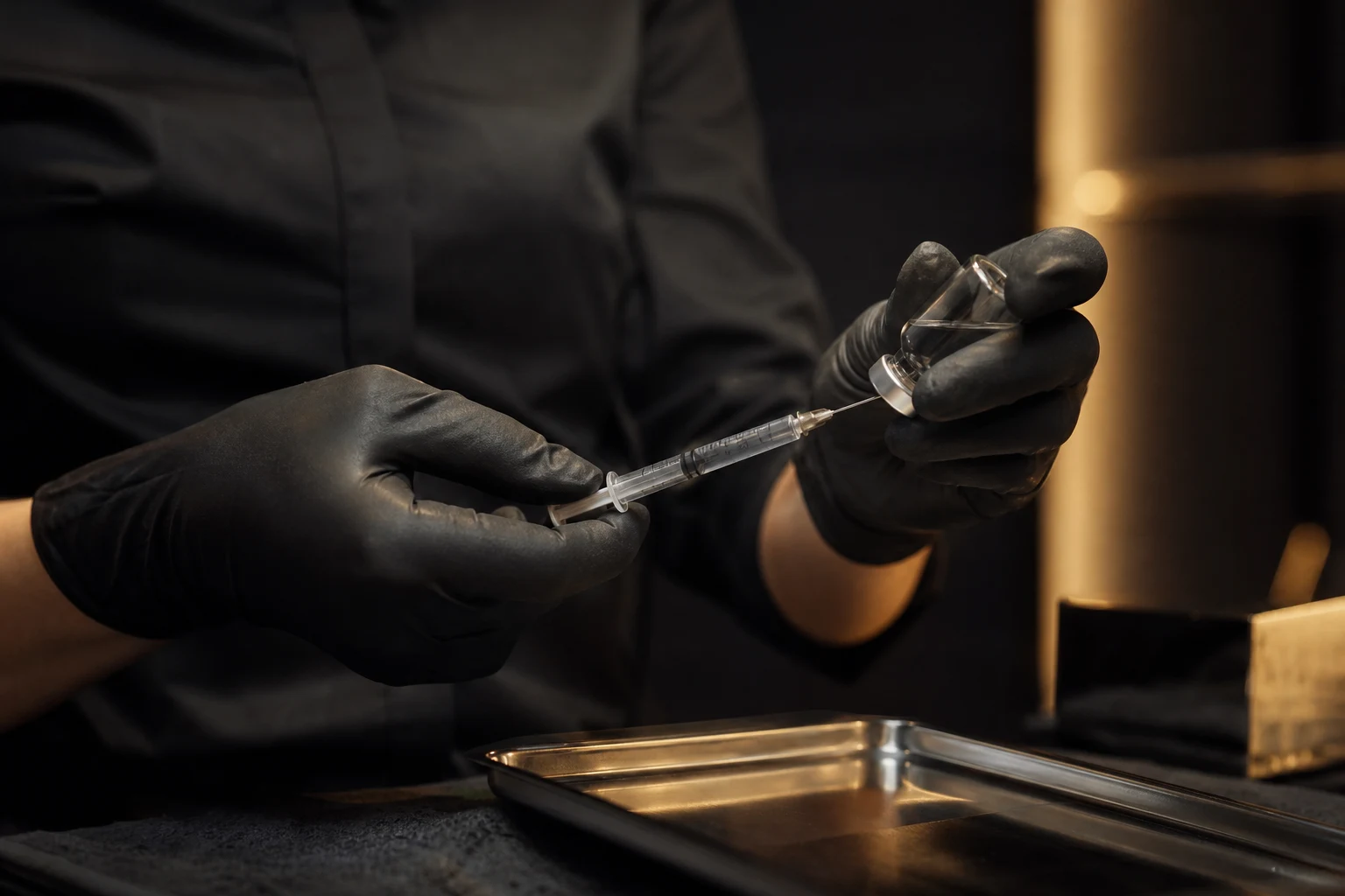 Manos con guantes preparando una jeringa inyectable en una bandeja estéril en un spa médico de Las Vegas, ilustrando los reclamos por lesiones en spas médicos y los estándares de supervisión que exige la ley de Nevada