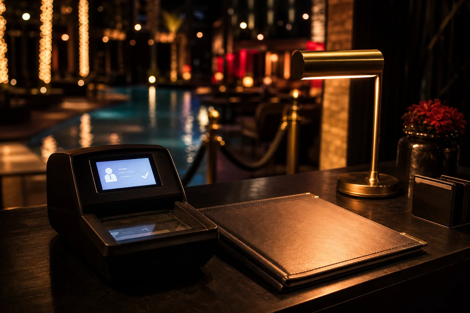 ID verification scanner and guest-list binder on a Las Vegas nightclub check-in counter at dusk, illustrating how minor in possession of alcohol charges in Las Vegas often begin at a Strip pool club or nightclub entrance
