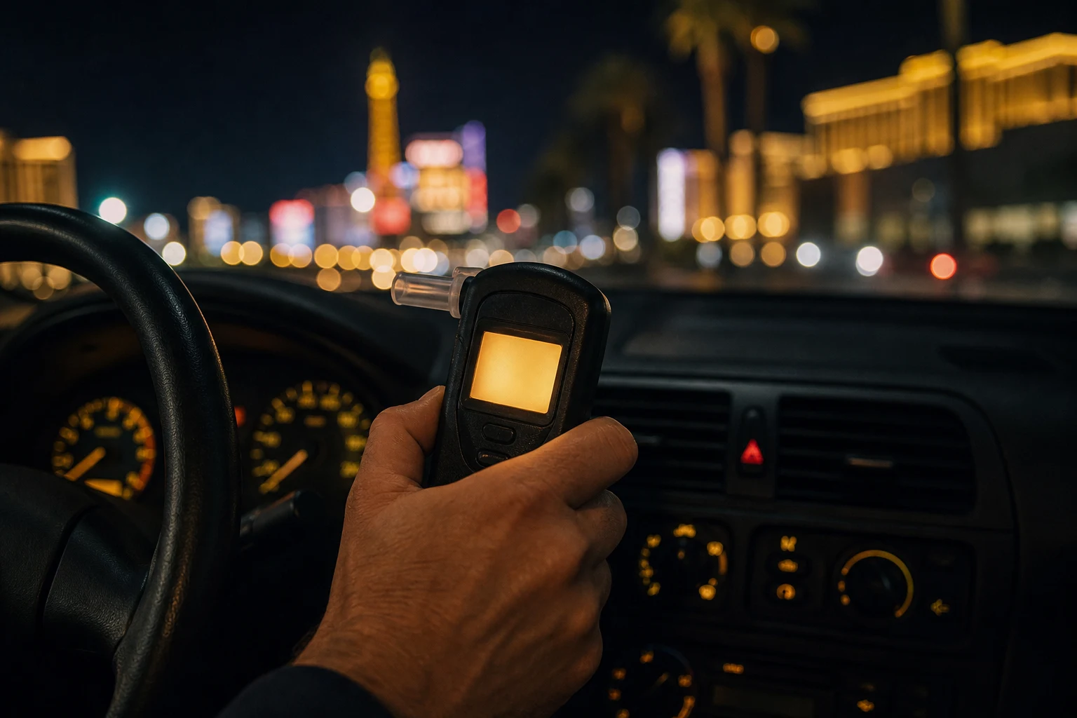 Driver holding a handheld breath-test device at night with the Las Vegas Strip blurred in the background, illustrating a Nevada DUI breath test refusal decision