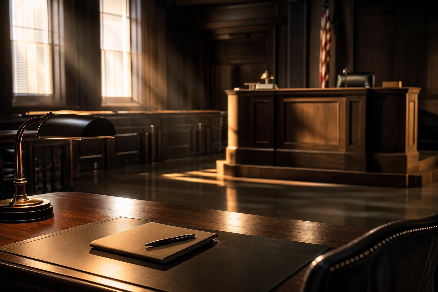 Empty Las Vegas courtroom hearing table representing a Nevada red flag law extreme risk protection order hearing