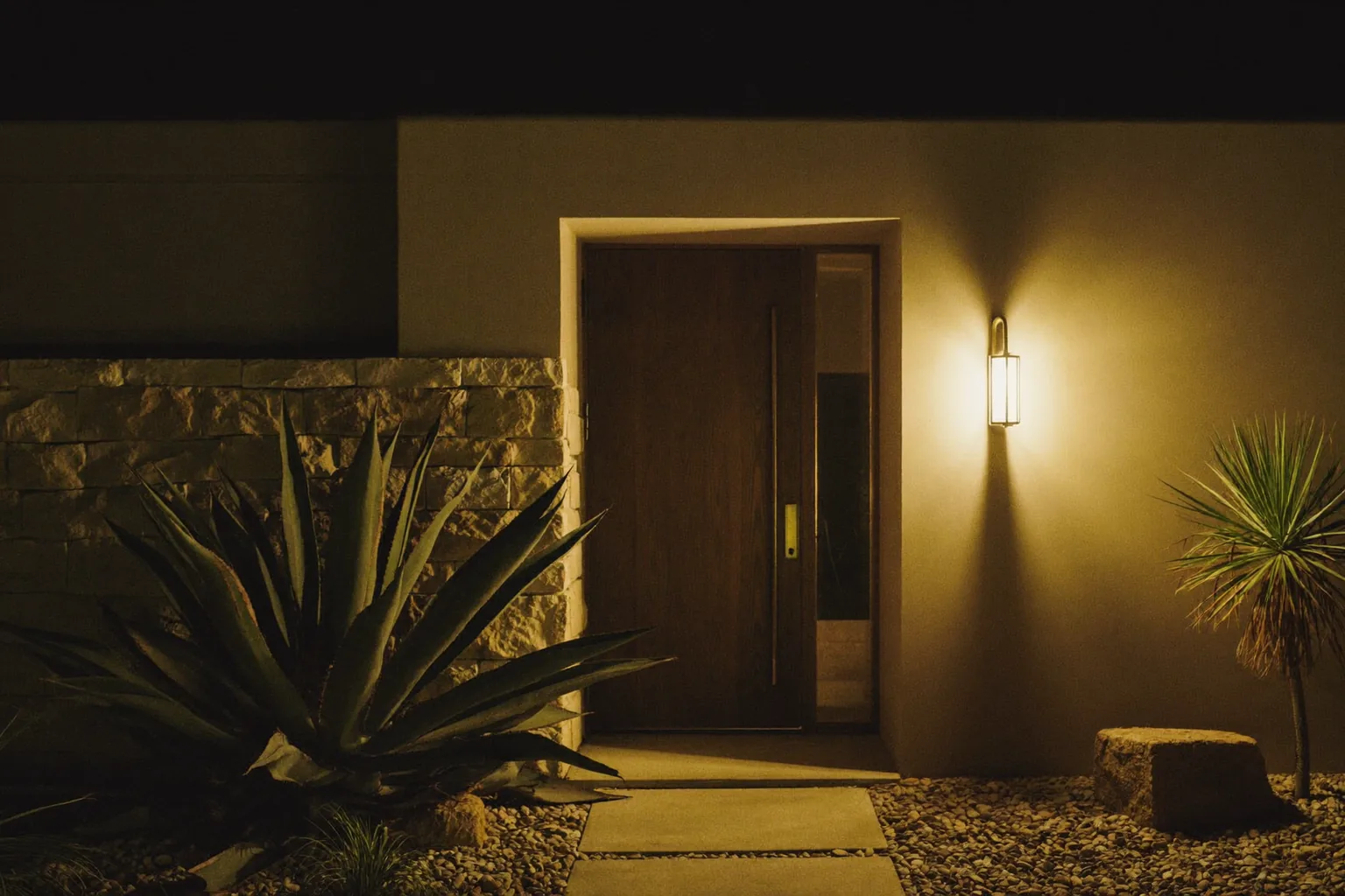 Front door of a Las Vegas home lit at night