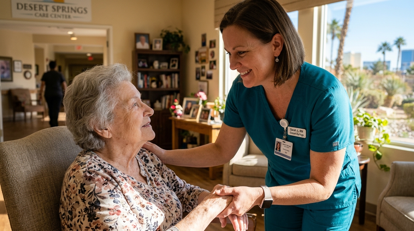 Compassionate elderly care scene — nursing home hallway with natural light in Las Vegas Nevada elder abuse and neglect attorney