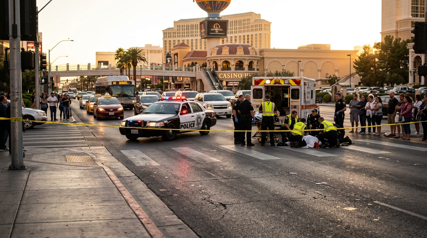 Pedestrian crosswalk near the Las Vegas Strip at night with city lights and traffic