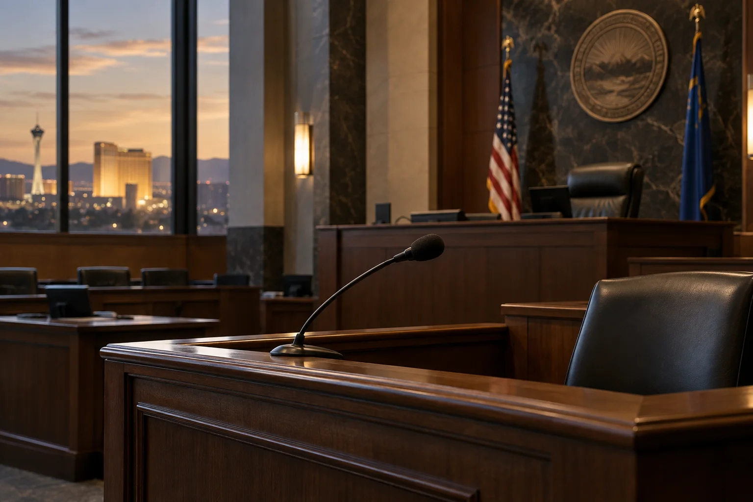 Illustrative empty witness stand and microphone in a Las Vegas-style courtroom, for a guide to perjury charges