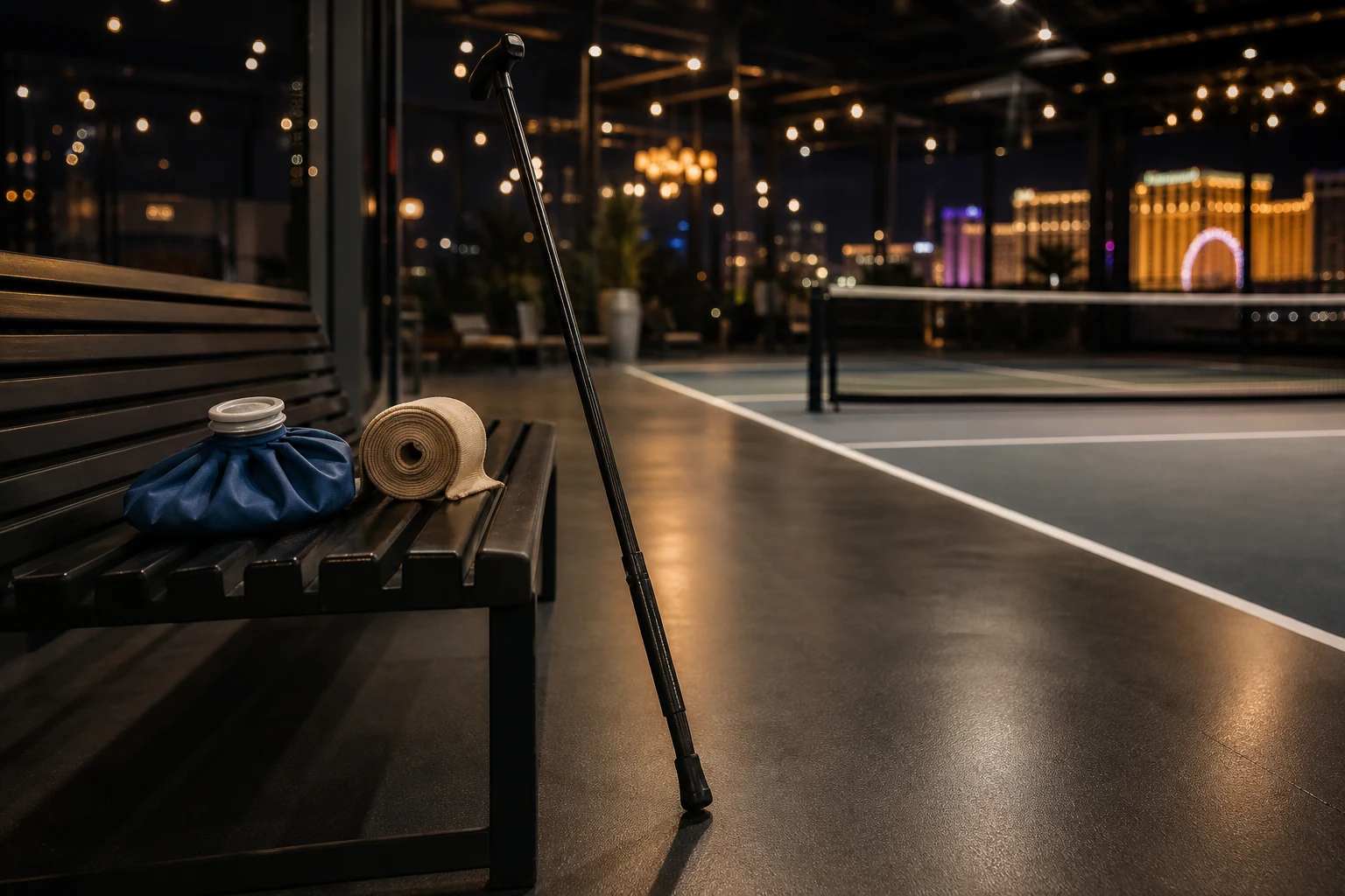 Bolsa de hielo, venda de tobillo y bastón junto a una cancha de pickleball interior vacía de noche en Las Vegas, que ilustra la recuperación tras un reclamo por lesión de pickleball en Las Vegas