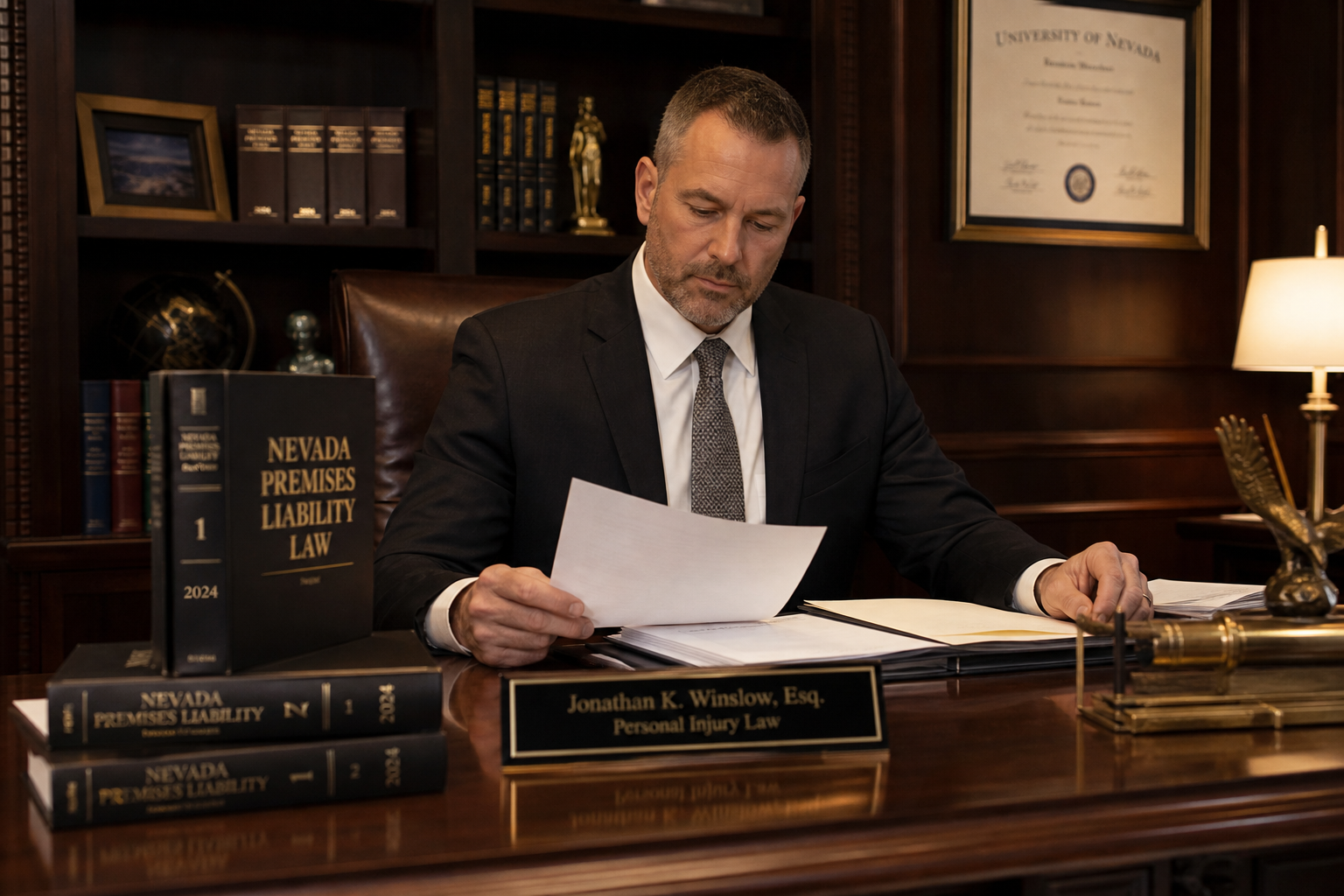 Attorney reviewing hotel pool accident injury claim documents in Las Vegas law office