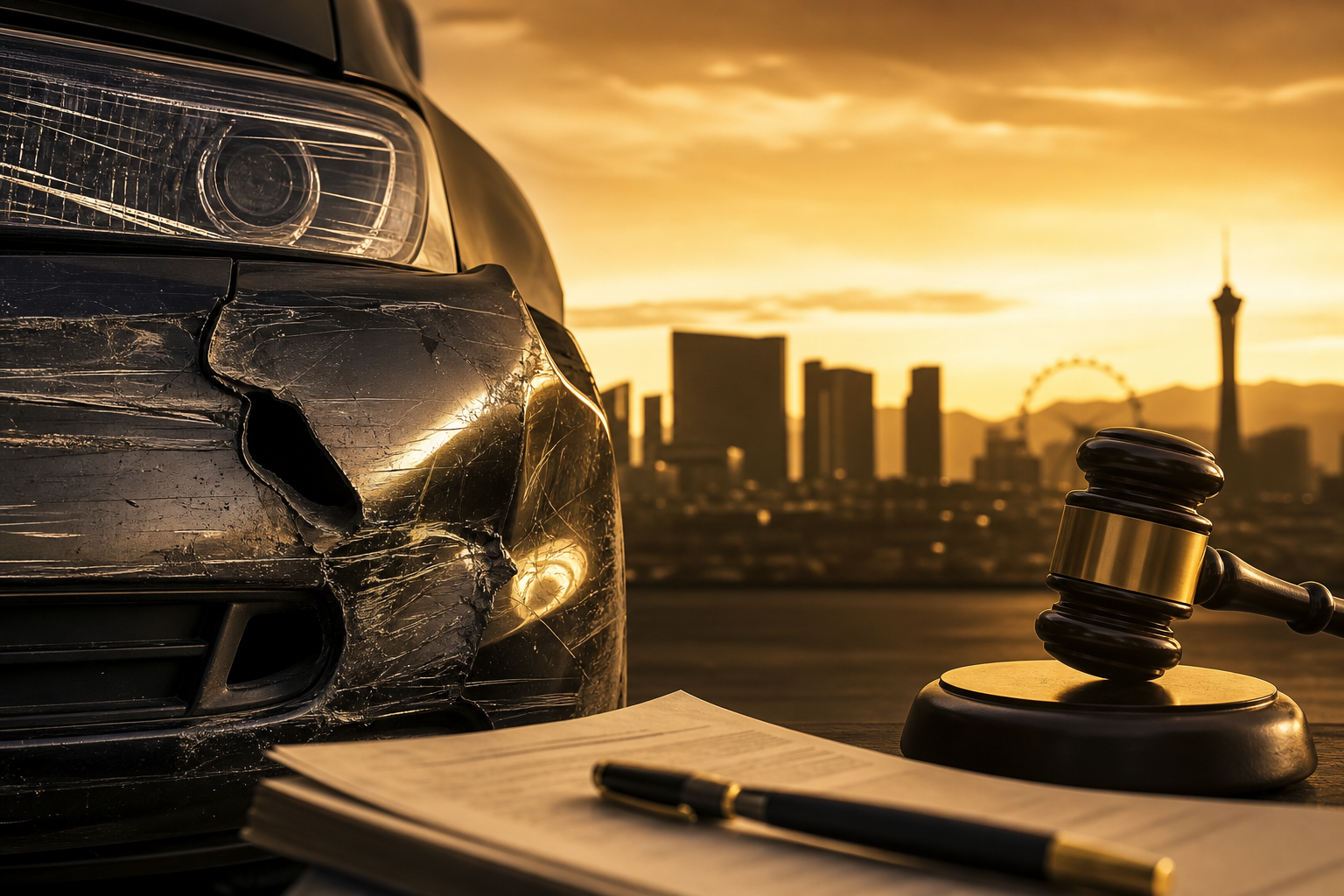 Vehicle damage from rear-end collision with Las Vegas skyline in warm gold tones representing legal rights