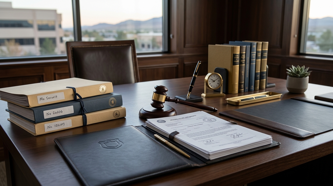 Nevada court documents and gavel on a law office desk, representing the record sealing petition process in Las Vegas