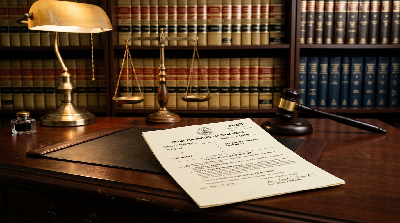 Restraining order document on attorney desk with gavel and scales of justice in Las Vegas law office