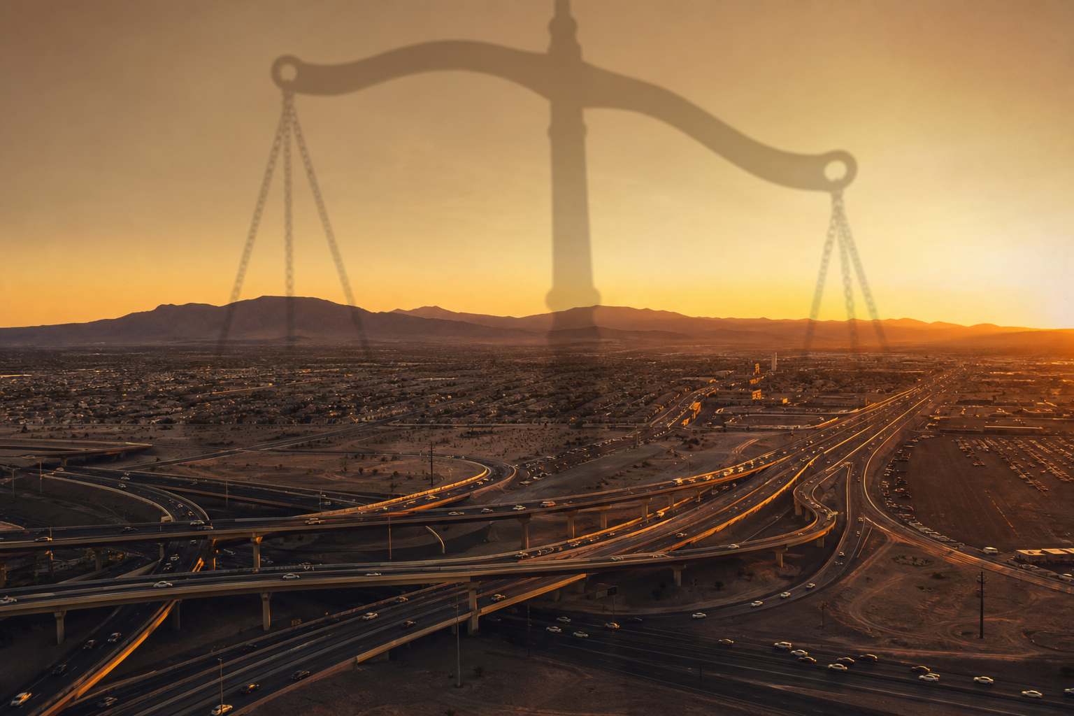 Autopista de Las Vegas al atardecer representando ubicaciones de accidentes por furia al volante en las autopistas de Nevada