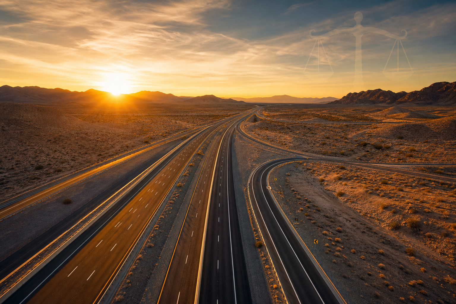 Nevada highway at golden hour illustrating lane change accident compensation and fault determination