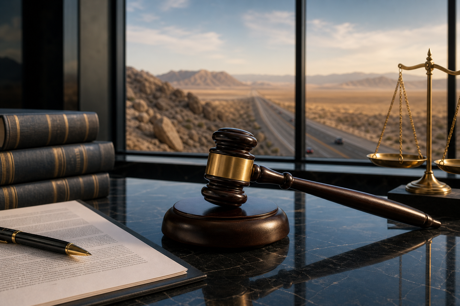 Lane change accident scene on Las Vegas highway with legal consultation concept