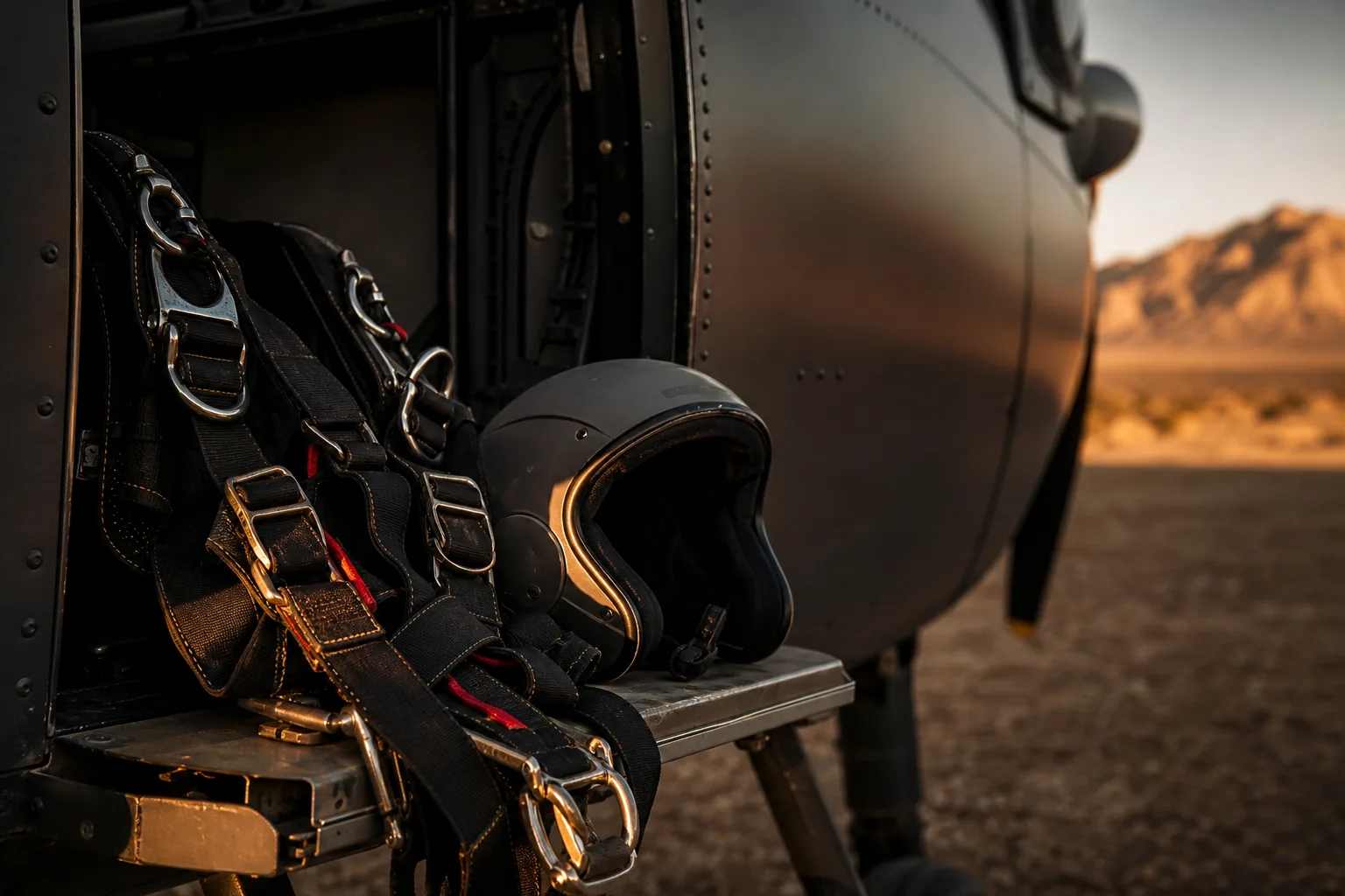 Skydiving harness and helmet resting on the step of a small aircraft at a desert airstrip near Las Vegas at dusk, illustrating the equipment and liability questions behind skydiving accident claims in Las Vegas