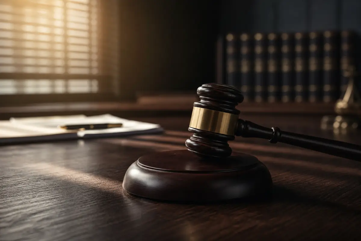 Professional law office with warm gold lighting, gavel on dark wood desk with legal books — representing criminal defense consultation in Las Vegas