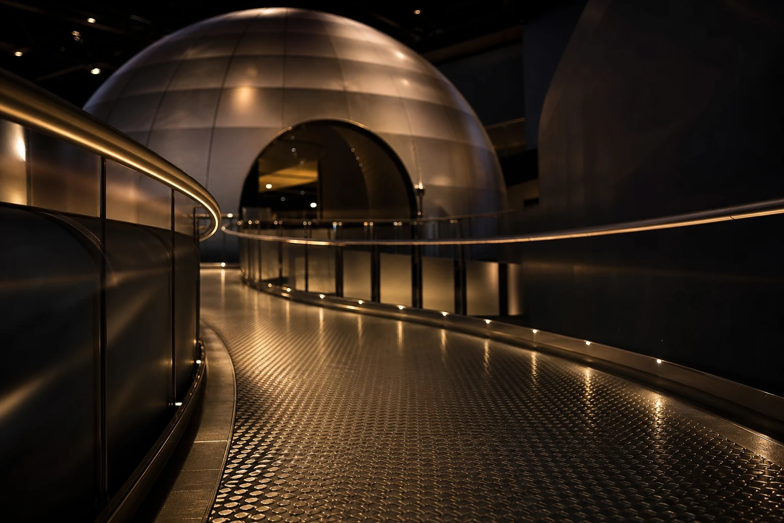 Dimly lit curved entrance ramp with worn metal tread plate inside a large Las Vegas immersive entertainment venue, illustrating Sphere Las Vegas injury claims