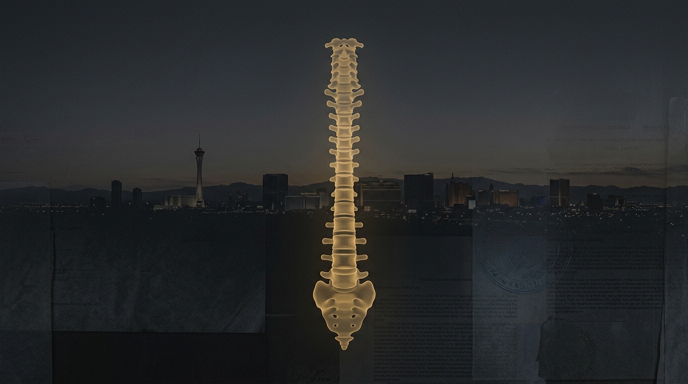 Spinal cord anatomy illustration against Las Vegas skyline, representing spinal cord injury claims in Nevada