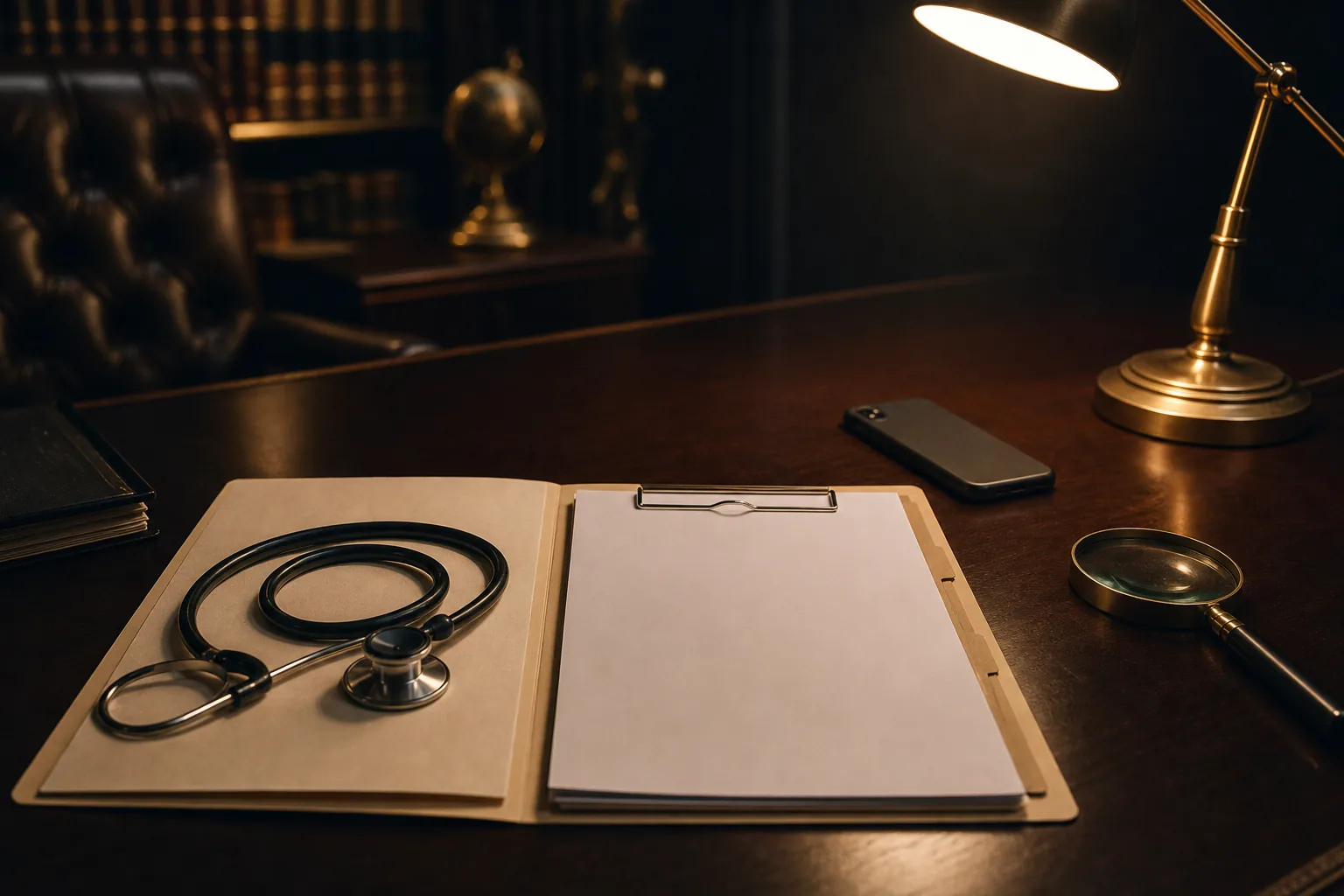 Attorney desk with a stethoscope, blank medical chart, and evidence folder, illustrating the medical and forensic evidence in strangulation charges in Las Vegas