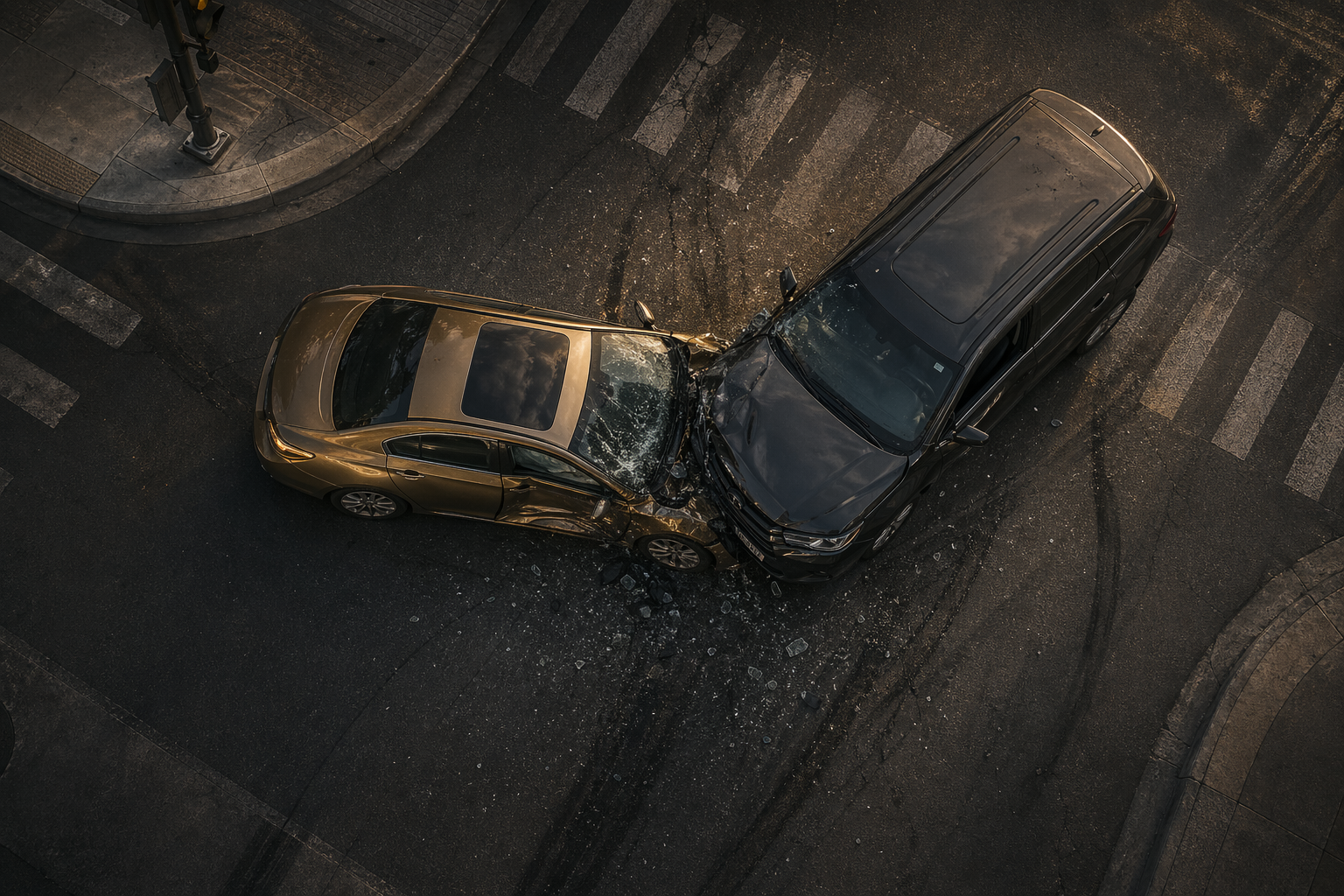 Vista aérea de una colisión T-bone en una intersección de Las Vegas mostrando daños por impacto lateral — Boley Law Firm
