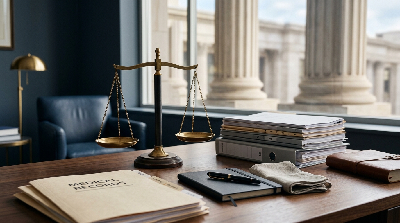 Balanza de justicia y registros médicos sobre un escritorio de abogado representando una reclamación por lesión cerebral traumática en Las Vegas