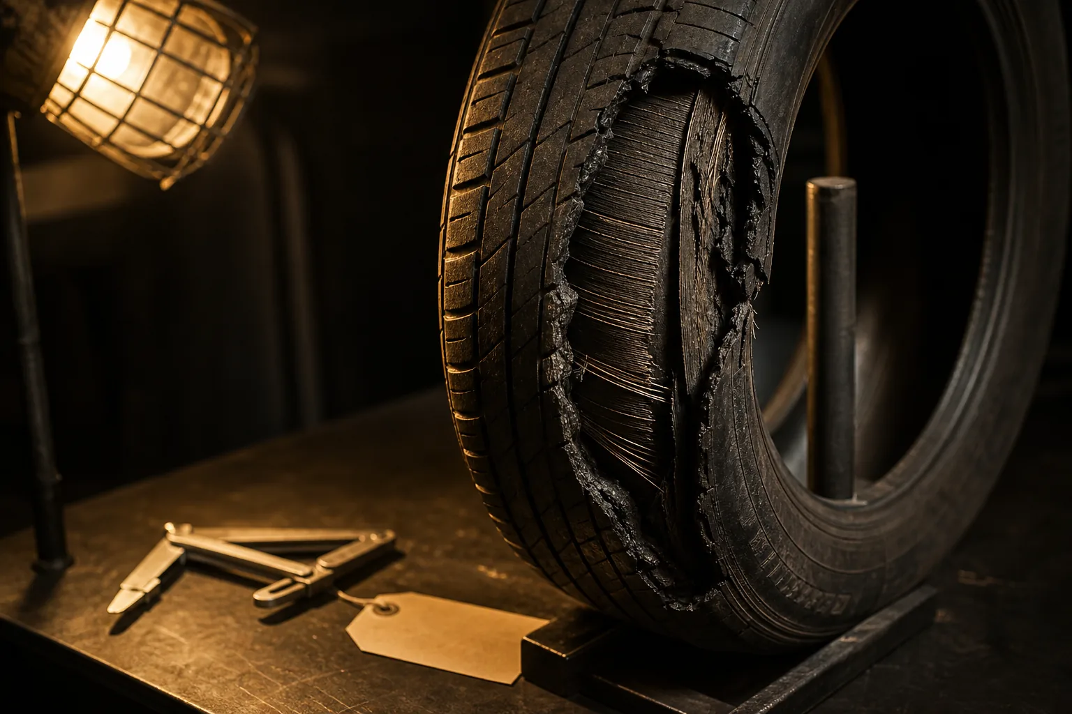 Failed tire with tread separation examined for tire blowout accident claims Las Vegas investigators review