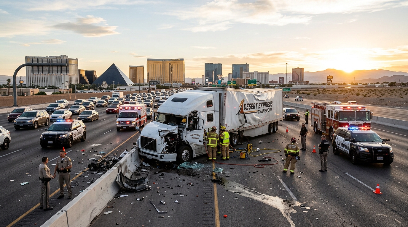 Camión de 18 ruedas en la Interestatal 15 cerca de Las Vegas con paisaje desértico de fondo