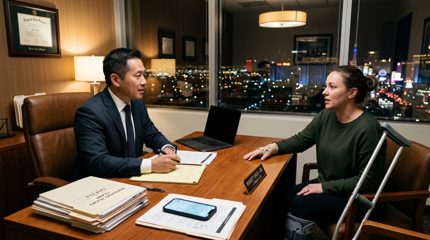 Personal injury attorney consulting with Uber Lyft accident victim in Las Vegas law office reviewing rideshare claim