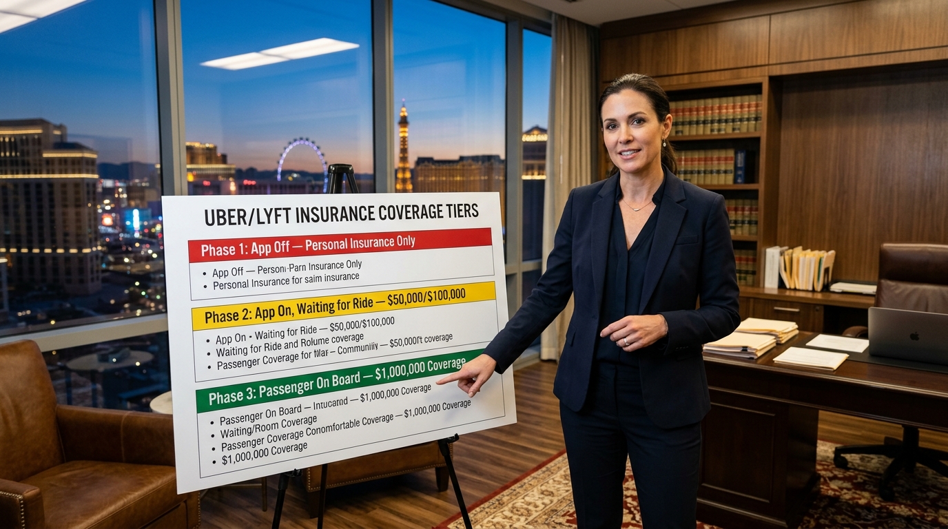 Uber Lyft insurance coverage tiers diagram showing three phases of rideshare app status in Las Vegas Nevada