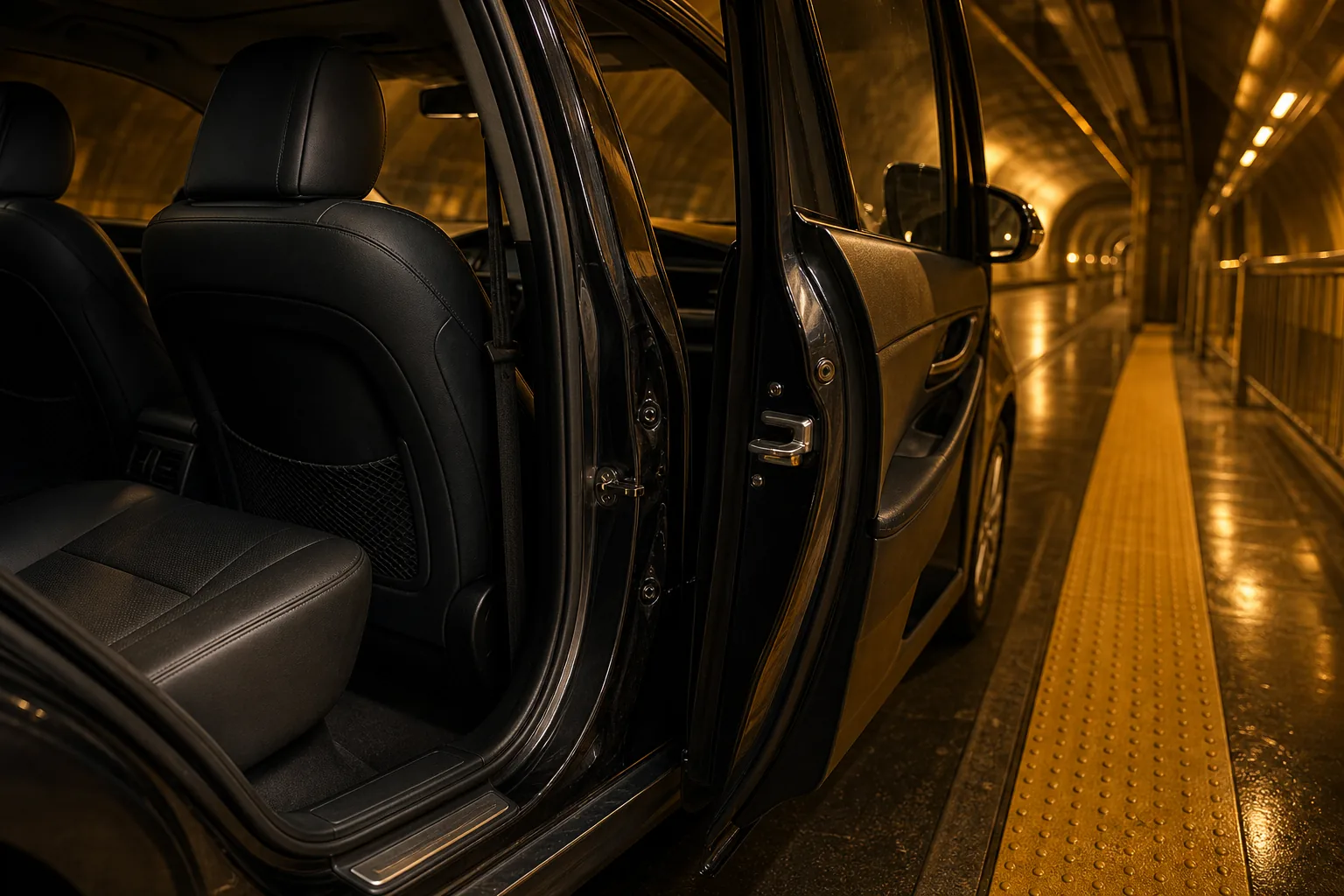 Open door of a matte-black passenger vehicle at a Vegas Loop station platform in Las Vegas, illustrating a Vegas Loop accident claims Las Vegas case