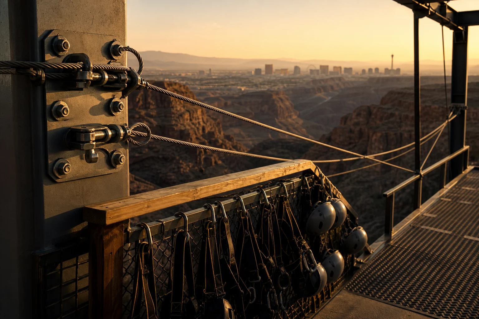 Steel cable anchors, turnbuckles, and a rack of climbing harnesses and helmets on a zip line launch platform overlooking a canyon with the Las Vegas skyline in the distance, illustrating the safety equipment behind zip line accident claims in Las Vegas