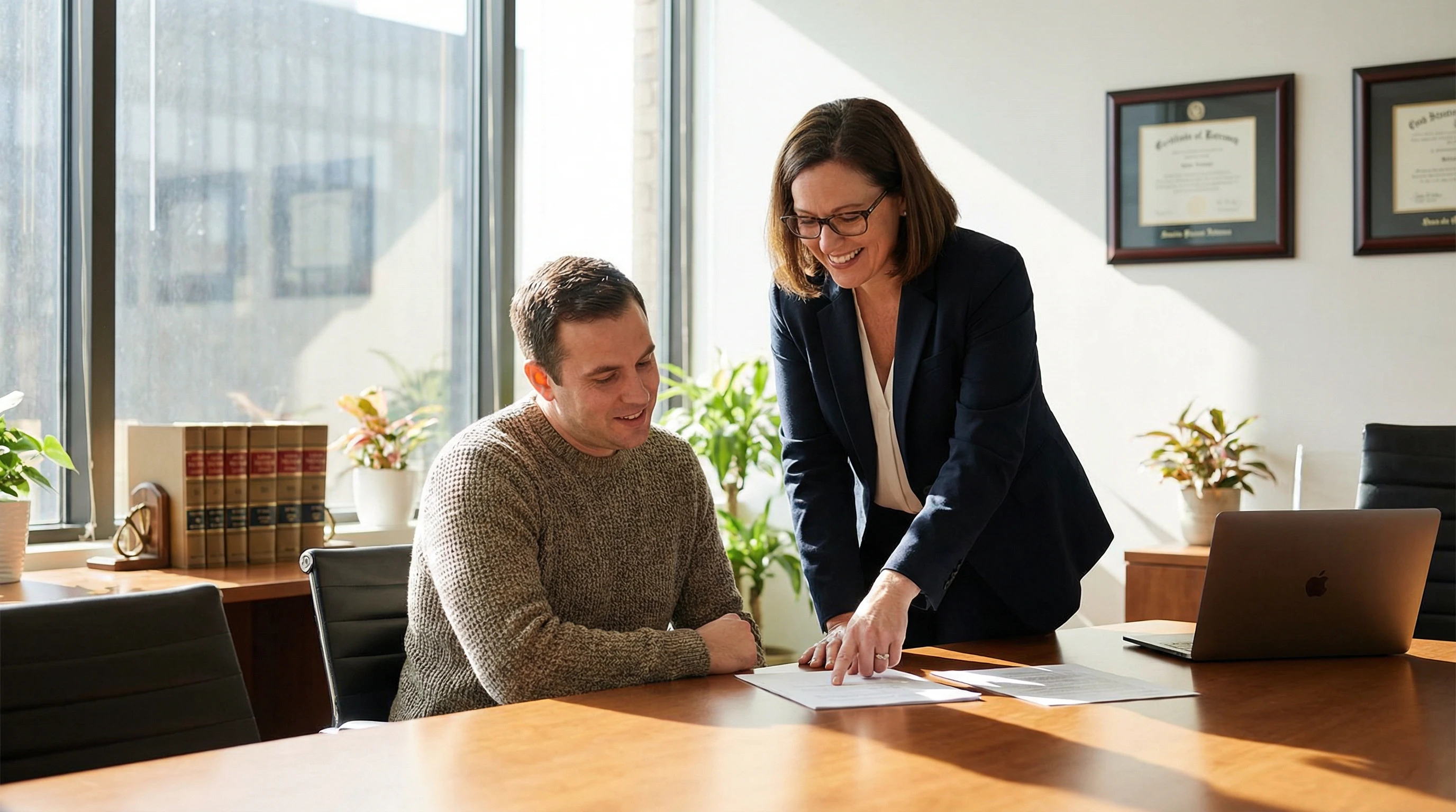 Las Vegas personal injury and criminal defense attorney Thomas Boley providing free consultation to client in modern law office