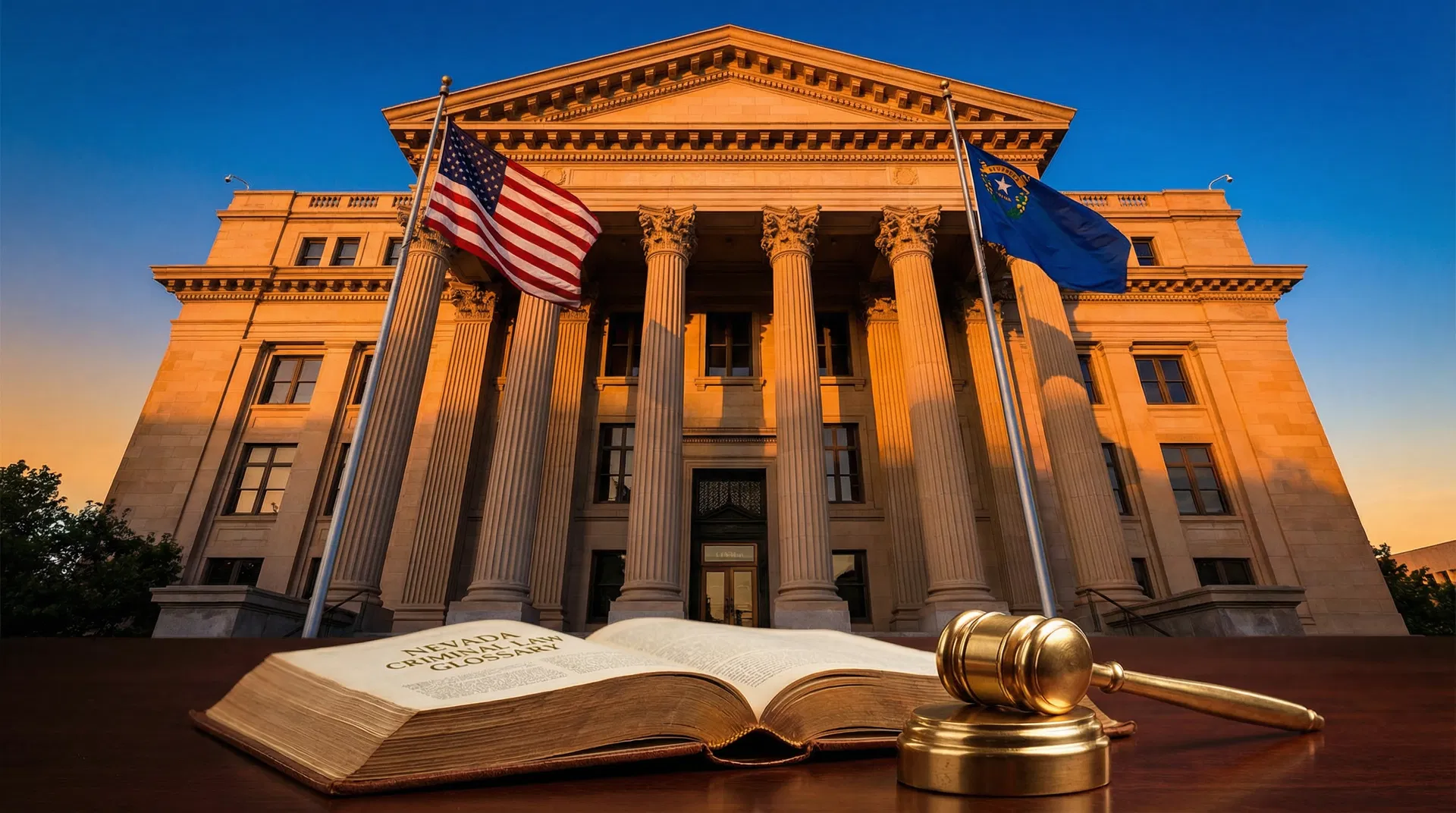 Tribunal de Nevada con banderas de EE.UU. y Nevada — Glosario de Leyes Penales de Nevada por Thomas Boley